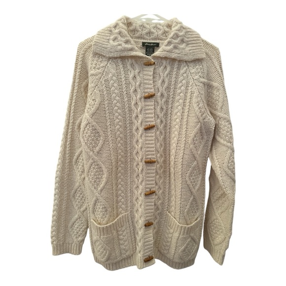 VTG 90s Eddie Bauer Chunky Wool Cable Knit Toggle Cardigan Sweater - Picture 2 of 9